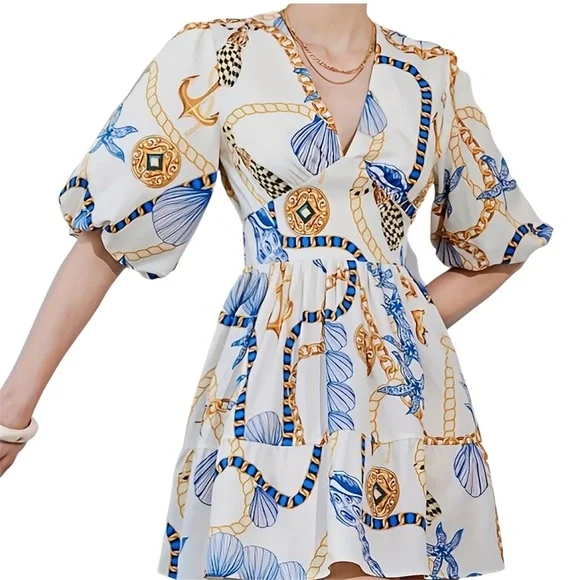 Coin Chain Shell V-Neck Waist Pleated Lantern Sleeve Versatile Dress - Picture 2 of 2